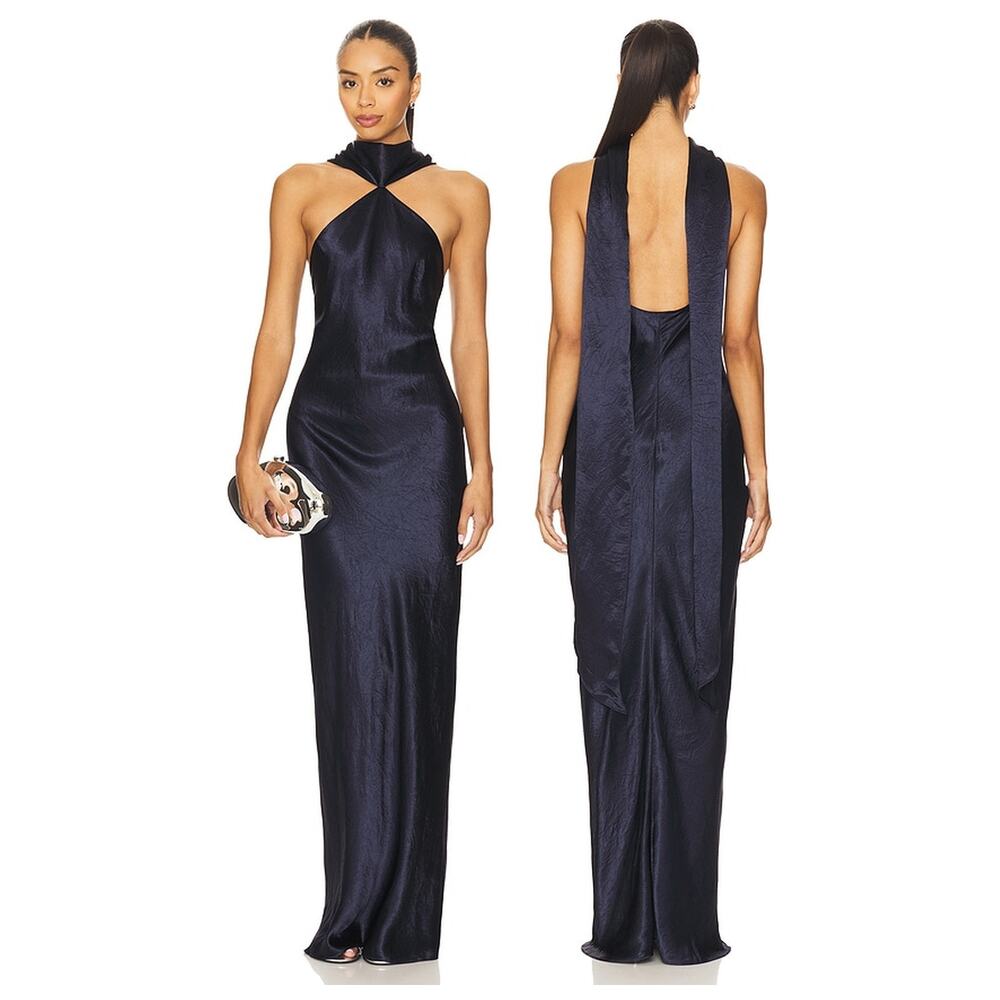 Amanda Uprichard Ashton Maxi Dress Halter Satin Formal Party Wedding Prom S